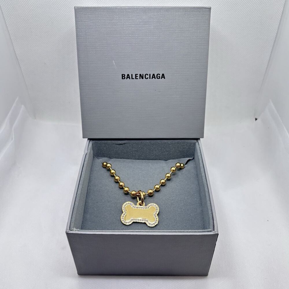 BALENCIAGA Gold & Crystal Dog Tag Bone Logo Ball Chain Necklace